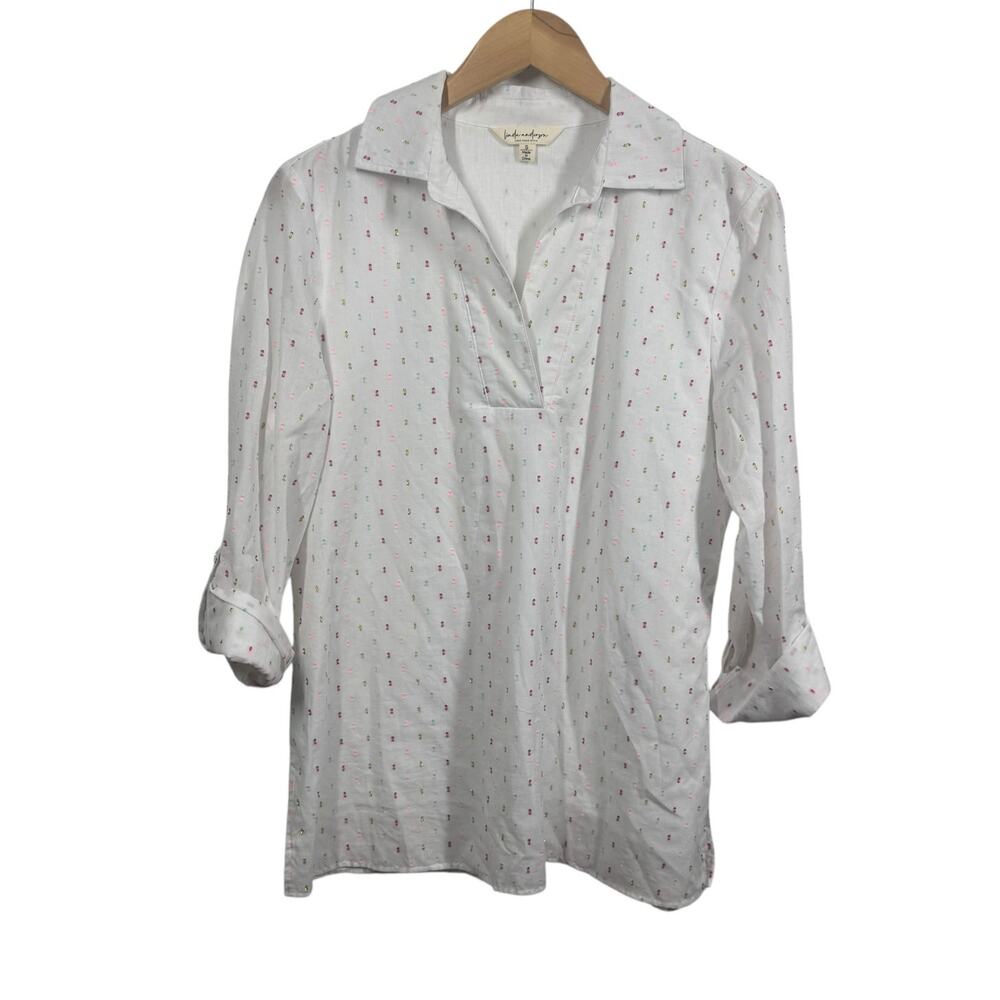 Linda Anderson Top Women S White‎ Button Up Tunic Preppy Coastal Cotton Modest